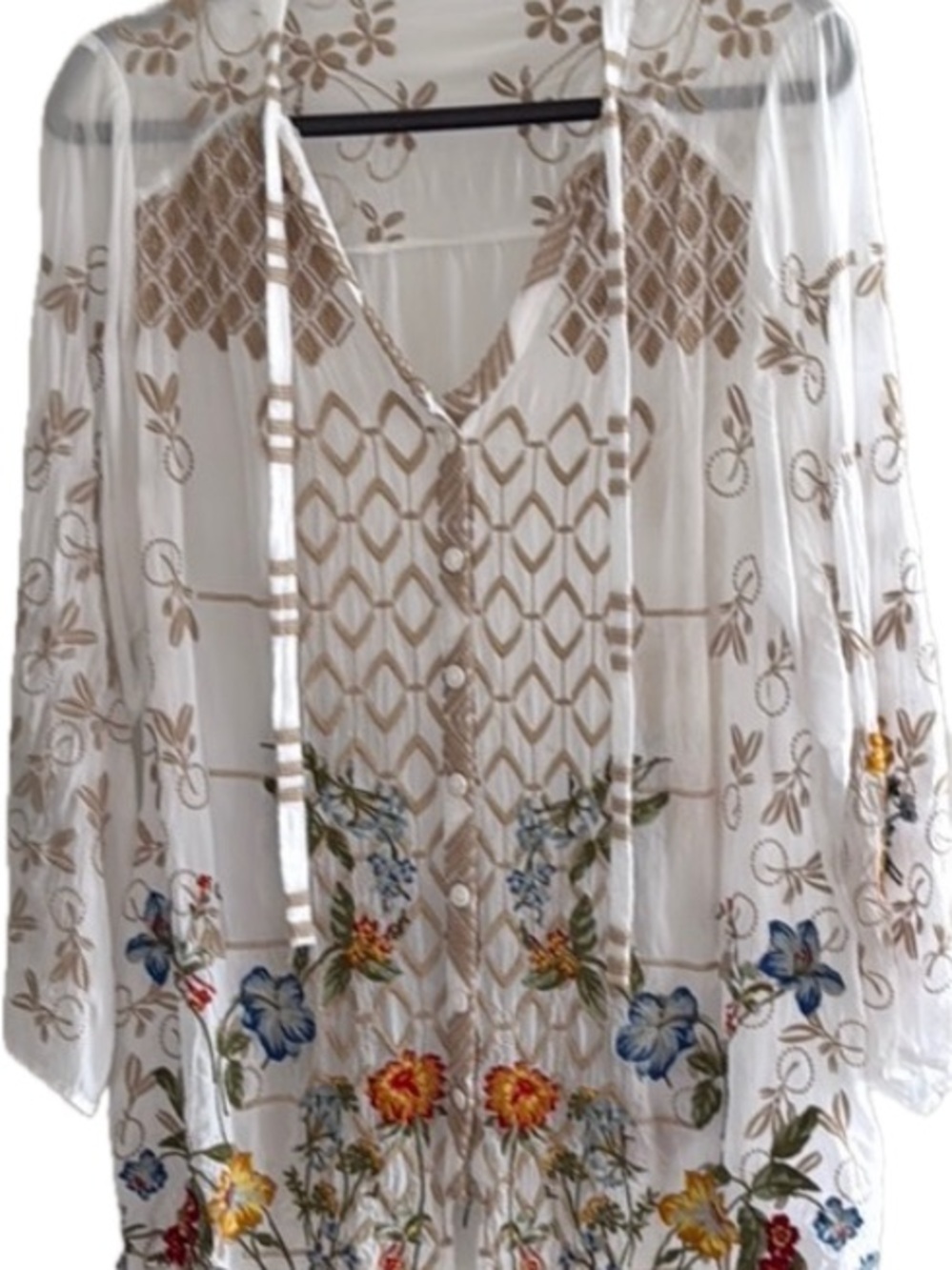 Johnny Was White Sheer Embroidered Tunic with Tan Lattice and Multicolor Floral - Picture 8 of 9